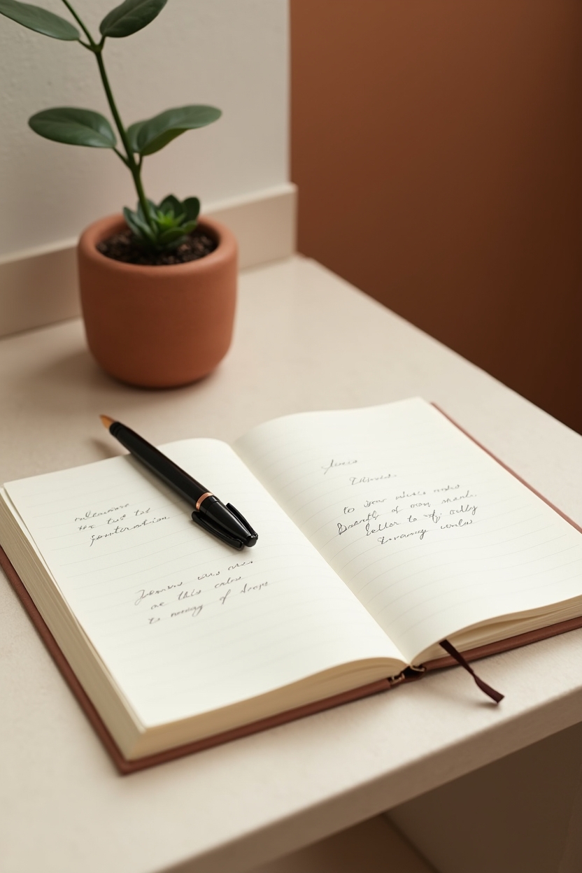how to use self love when everything feels uncertain — open lined journal with visible handwriting — A tidy desk vignette showing a well-used open journal with a handwritten affirmation, a smooth black fountain pen resting across the page, and a small potted plant — suggesting the practice of turning internal judge into steady ally.