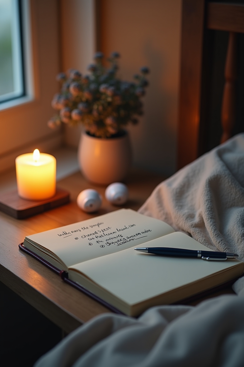 how to practice grounding meditation for sleep — an open notebook with a short handwritten worries list — A detail vignette for 'If your mind races' showing tools for offloading thoughts: an open notebook with a short worries list beside a dim candle and headphones for a guided meditation.