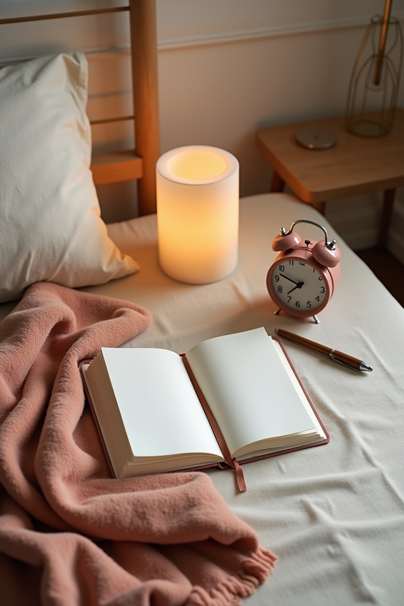 how to practice grounding meditation for sleep — a folded wool blanket — An editorial flat-lay of a bedside settling ritual: items arranged to prepare a sleep-friendly space before meditation.