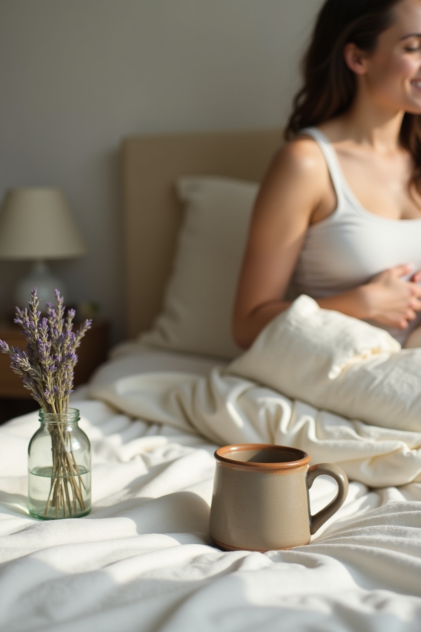 how to practice grounding meditation for sleep — a sprig of lavender in a small glass jar — A quiet bedside scene illustrating grounding through the senses: a person viewed from behind bringing a warm mug to their chest while a sprig of lavender sits in a glass.
