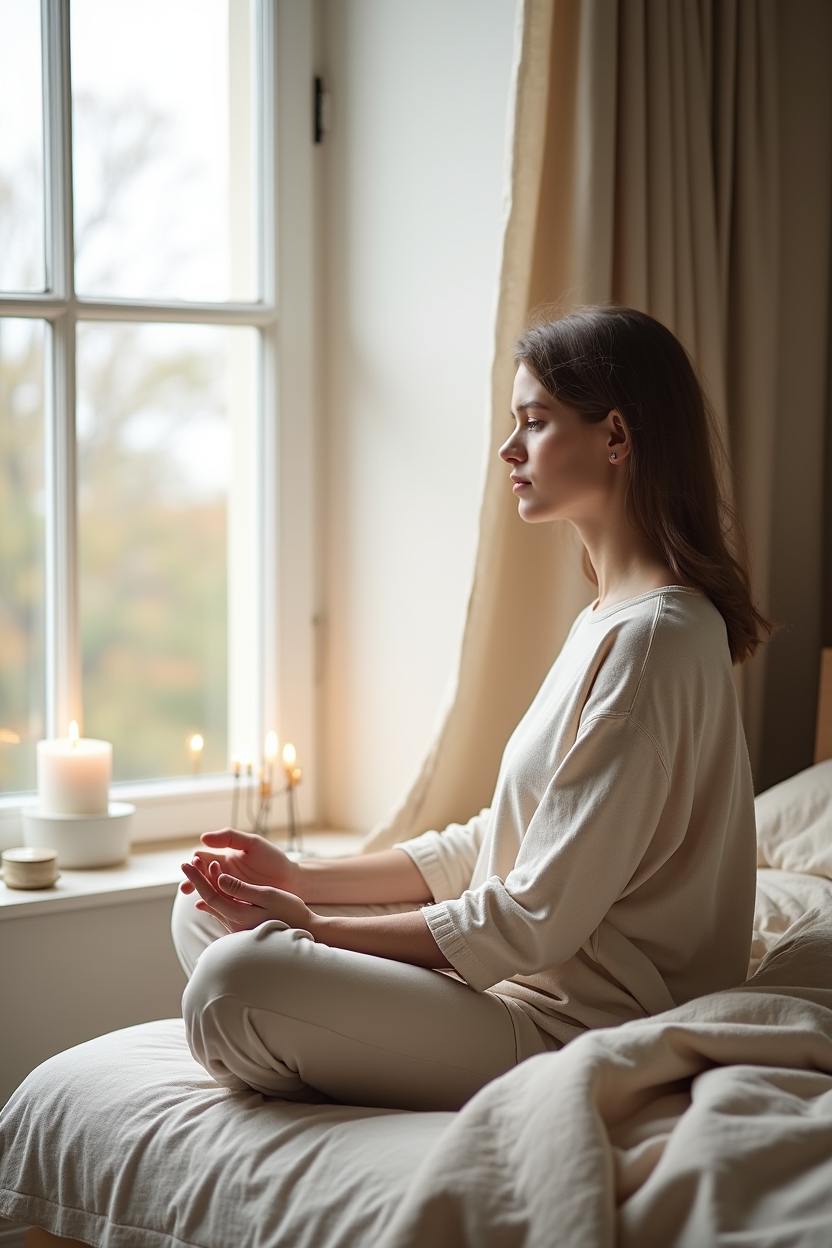 how to practice grounding meditation for sleep — a single lit candle on the windowsill — A quiet bedroom window-seat moment showing a person settling into grounding meditation—seated cross-legged, eyes closed, facing the window.