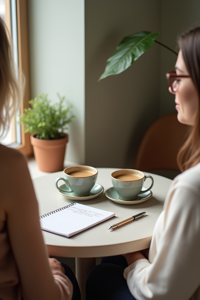 mars in gemini for love — two ceramic espresso cups on a small round cafe table — Two people in an intimate cafe conversation seen from behind, composed to emphasize playful verbal exchange rather than bodies — small table with objects grounding the scene.