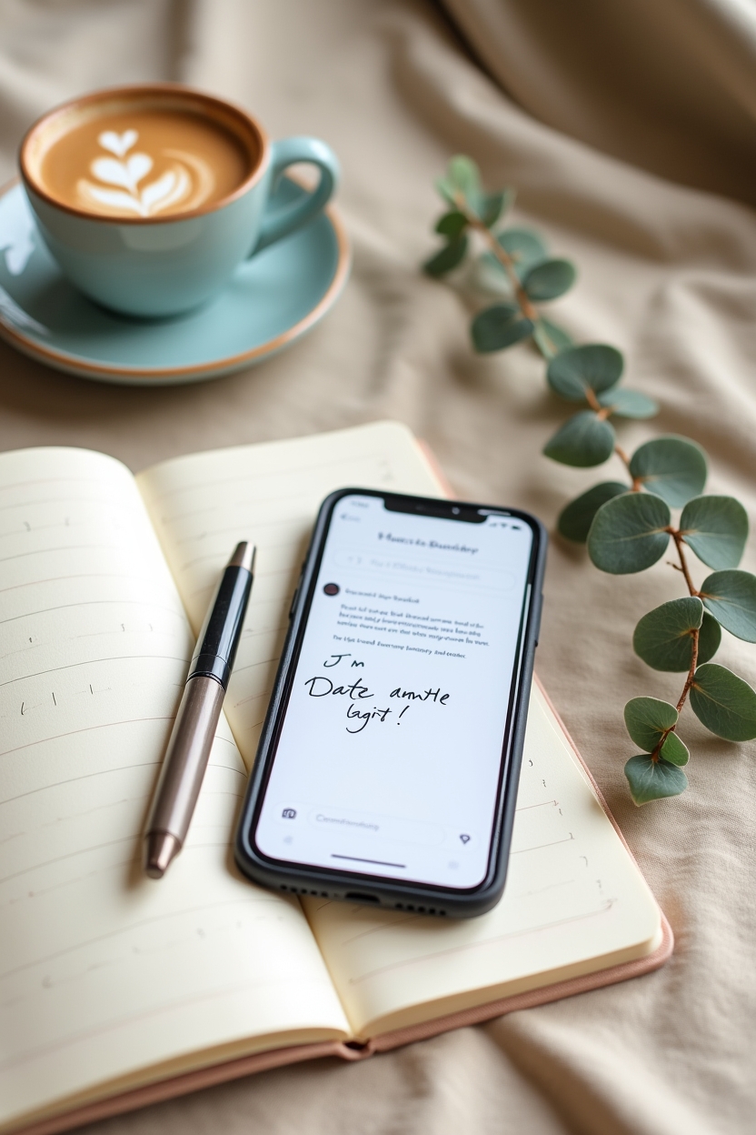 mars in gemini for love — smartphone displaying a visible message thread (no app logos) — A tidy still-life flat-lay showing a modern courtship moment: a phone with a message thread, an open notebook of dates/ideas, and a coffee — suggesting Mars in Gemini seeking variety and novelty in conversation.