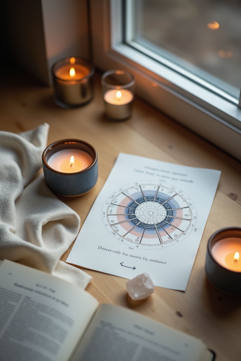 mars in gemini for love — printed birth-chart wheel (paper natal chart) — A moonlit reflective ritual still-life: a printed birth-chart wheel and candle near a window with the moon visible — visualizing next steps and compassionate application of astrology.