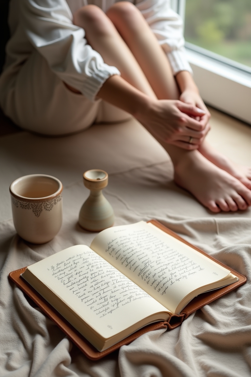 mars in gemini for love — leather-bound journal open to a handwritten entry — A single person practicing slow journaling by a bright window — a pause-and-return image to illustrate learning to slow down and sustain intimacy.