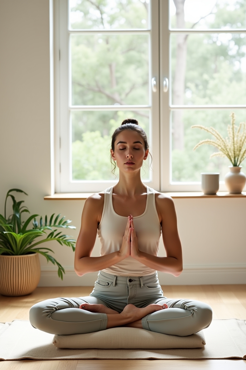 hatha yoga for grounding for beginners — linen meditation cushion — A single practitioner seated cross-legged by a large window, practicing gentle grounding breath with eyes closed