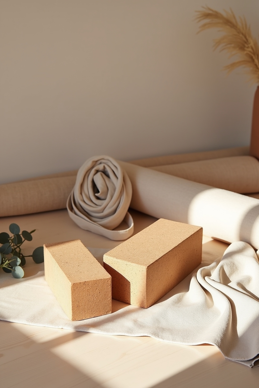 hatha yoga for grounding for beginners — pair of cork yoga blocks — Still-life flat-lay of grounding props arranged for a beginner: two cork blocks, a rolled bolster, a fabric strap and a folded blanket