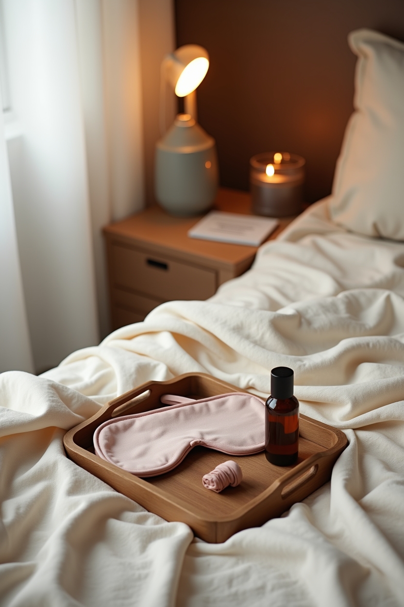 how to practice noting meditation for sleep — folded silk eye mask — A still-life of a calm sleep environment checklist laid out on a bedside tray: eye mask, small lamp, essential-oil roller, soft blackout curtain visible in background.
