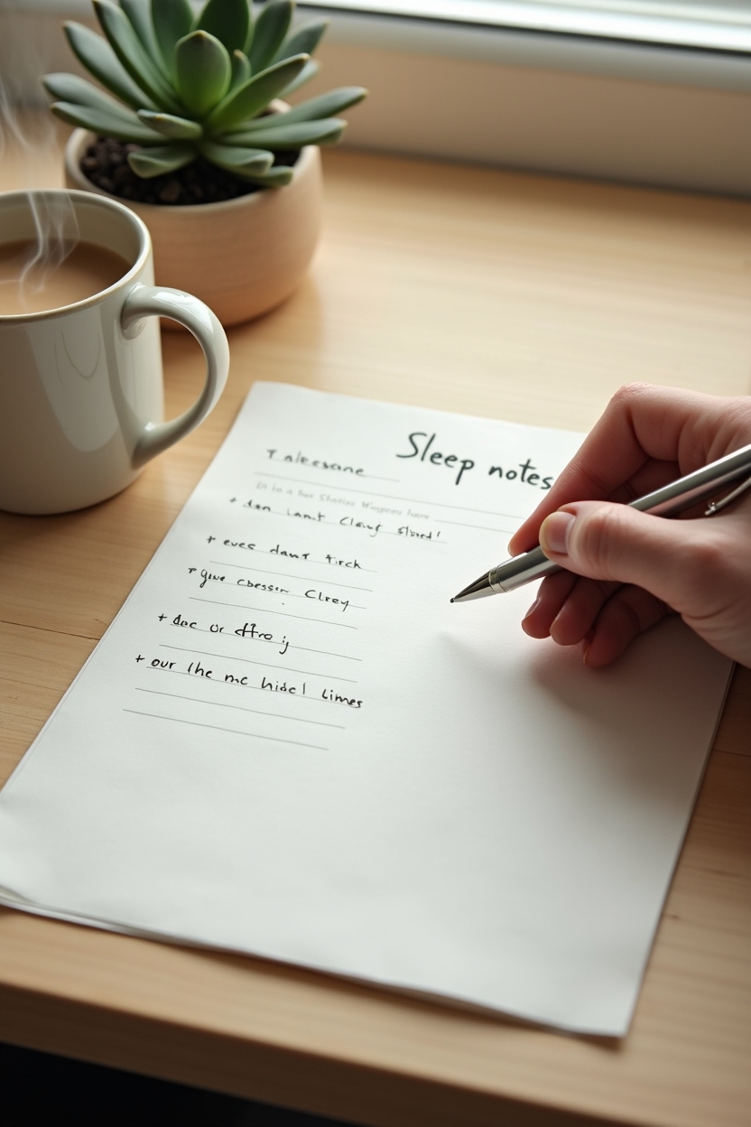 how to practice noting meditation for sleep — open worksheet titled 'Sleep notes' (handwritten headings visible) — A desk journaling moment for tracking progress: a hand-written worksheet, a pen, a small plant, and a steaming mug — hands shown writing but cropped to avoid detailed fingers.
