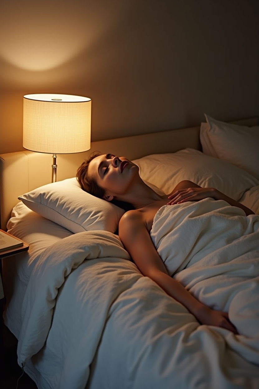 how to practice noting meditation for sleep — soft cotton pillow supporting the head — In-bed practice: person lying on their back in dim bedside light, gently noting thoughts using a whispered label — captured as a calm side-profile shot with eyes closed.