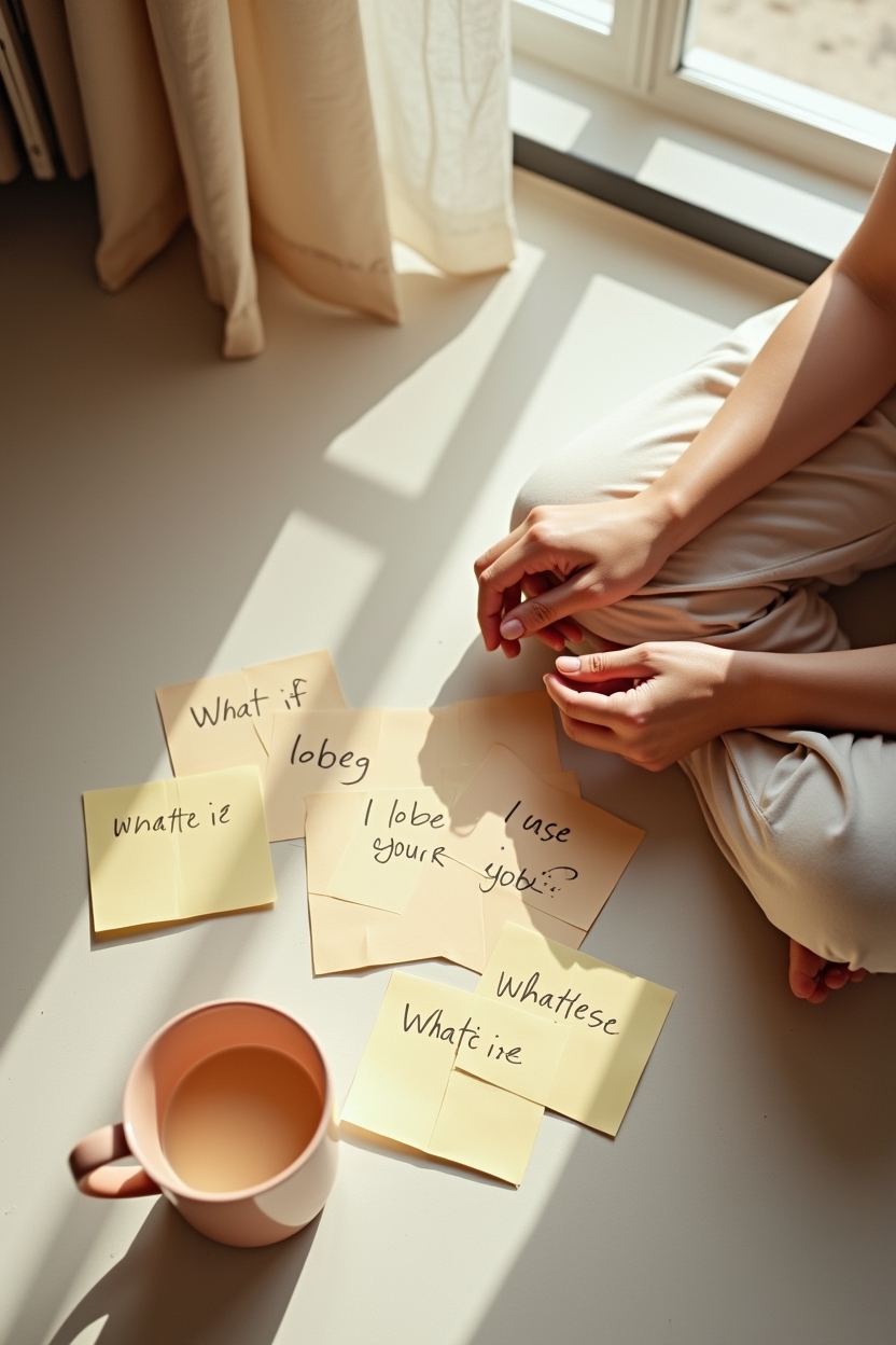 signs catastrophizing is holding you back after a hard year — a stack of handwritten sticky notes — A person seated on the floor by a window, head in hands, surrounded by scattered sticky notes with 'what if' phrases — visualizing an anxious spiral.
