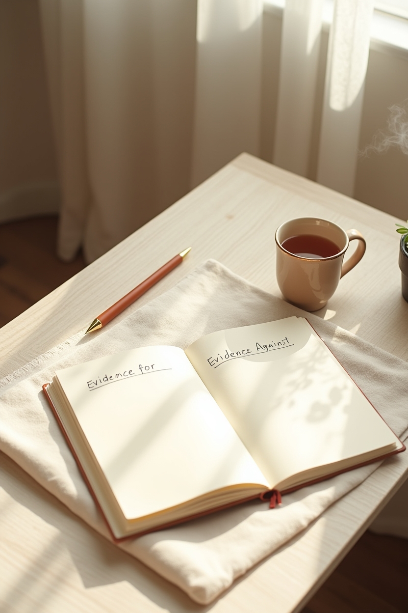 signs catastrophizing is holding you back after a hard year — an open notebook page with visible 'Evidence For / Evidence Against' columns — A flat-lay of a reality-check journaling spread: an open notebook with 'Evidence For / Evidence Against' headings, a pen, a small plant, and a cup of tea.