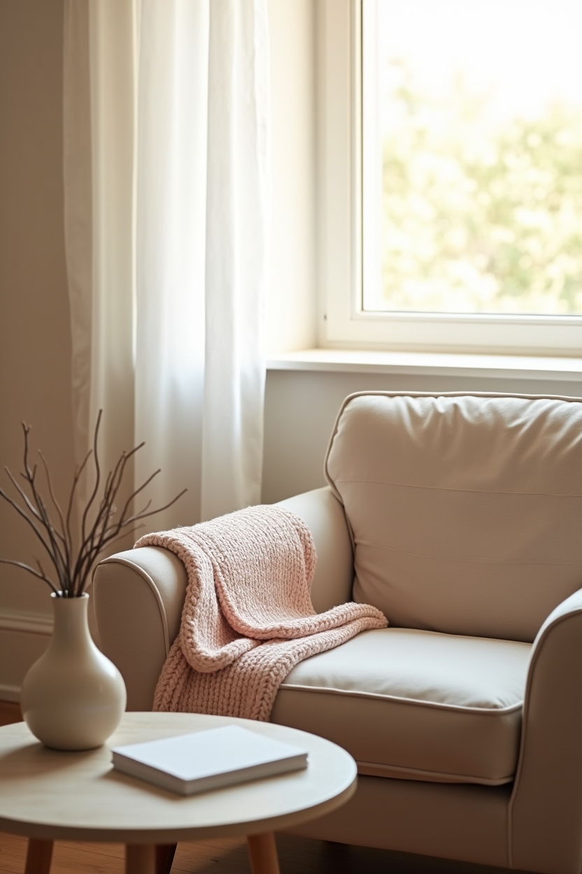 signs catastrophizing is holding you back after a hard year — a folded knit blanket draped on the armchair — A calm, late-afternoon therapy waiting area: an empty armchair by a window, a folded blanket on the arm, and a small stack of resource pamphlets — signaling when to seek support.
