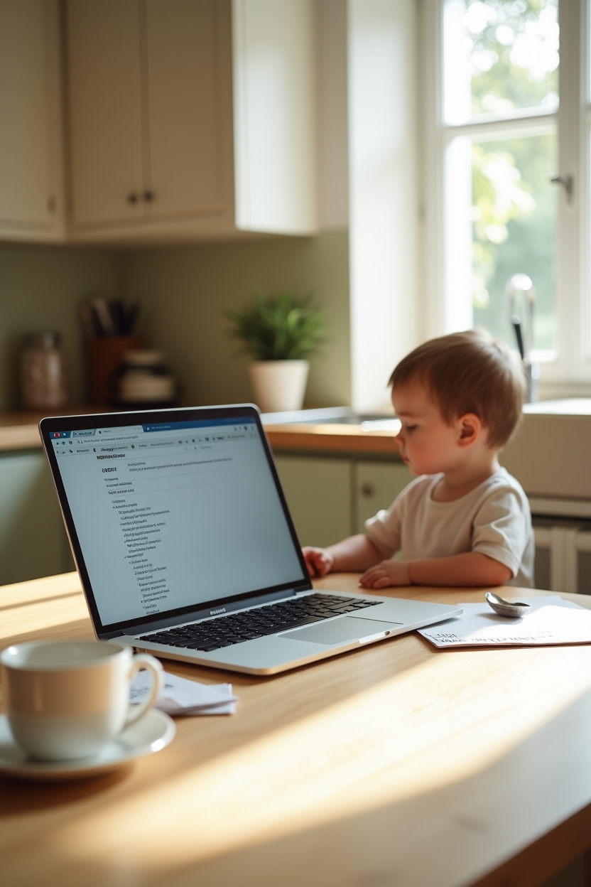 signs catastrophizing is holding you back after a hard year — an open laptop with an email inbox visible — A parent sitting at a kitchen table late morning, looking at an open laptop and a pile of bills, one hand on a sleeping toddler in a high chair — a candid vignette after job loss.