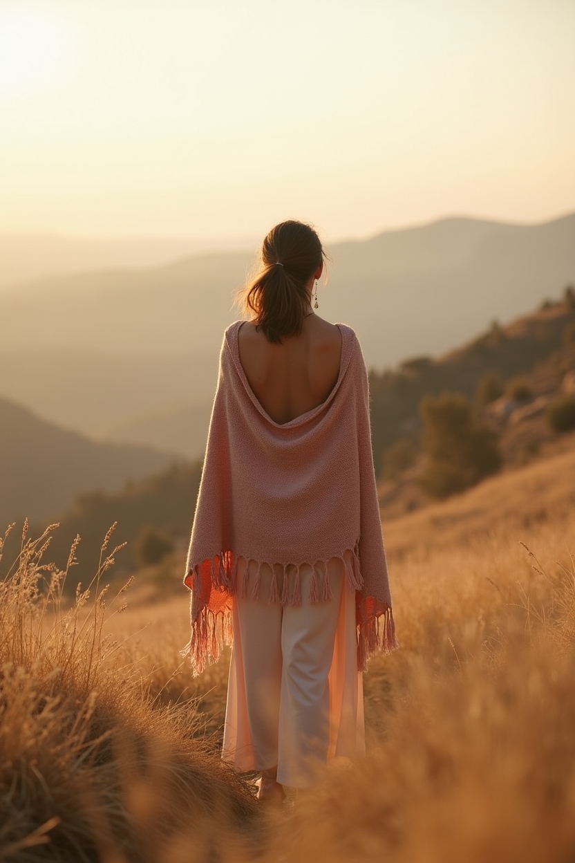 how to use self love when outgrowing people — a simple woven shawl draped over the person's shoulders — A single person standing on a grassy ridgeline at golden hour, viewed from behind with arms slightly open — a quiet ritual marking transition