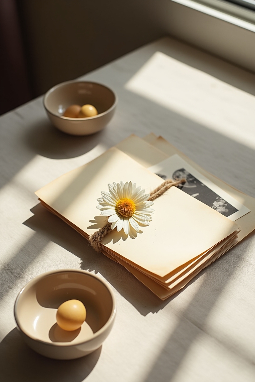 how to use self love when outgrowing people — a single pressed daisy on top of a tied stack of letters — A still-life of relationship relics showing natural lifecycle: folded old letters, a faded photograph, and a pressed flower on a neutral table