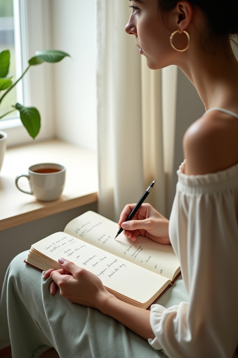 how to use self love when outgrowing people — an open cloth-bound journal with a pen lying across handwritten lines — A woman seated by a bright window journaling steadying practices, tea at her side — a quiet daily steadiness moment
