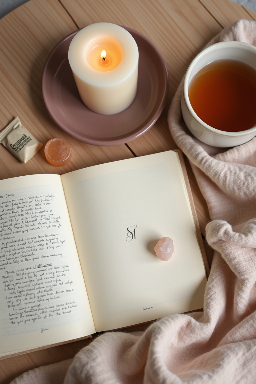 how to use self love when outgrowing people — a lit beeswax pillar candle in a ceramic dish — A ritual flat-lay for reintegration: candle, ritual bowl, journal, a small crystal and a cup of herbal tea arranged for a nightly self-care rite