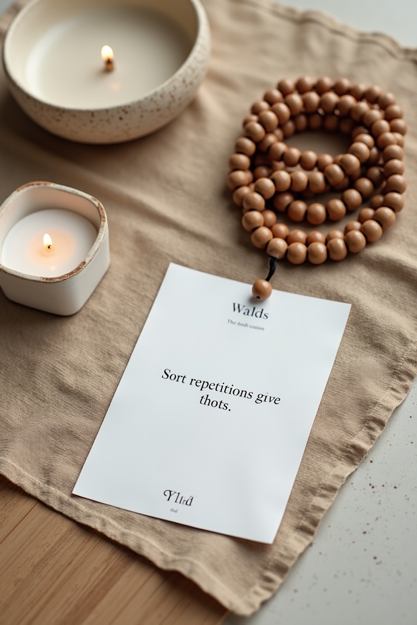 how to practice mantra meditation for self love — a printed mantra index card with a single short phrase — Close overhead flat-lay of a 5–15 minute repetition setup: a rolled timer, mala beads, a small candle, and a printed short mantra card.