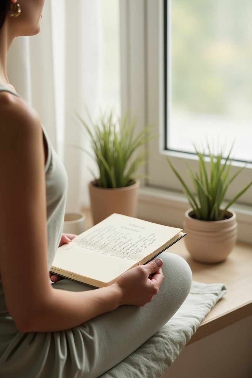 how to practice mantra meditation for self love — a small open notebook with a handwritten mantra line — Quiet home corner showing how mantra shapes inner language — a person seated on a window seat, seen from behind, softly holding a small notebook where they’ve written a short mantra.