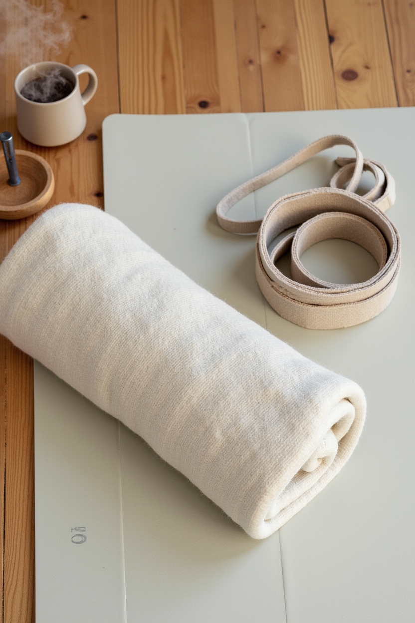 how to improve sleep with sciatic nerve stretches — rolled wool blanket — A tidy props-and-setup flat-lay for comfort before stretching: yoga mat edge, rolled blanket, strap, and a mug laid out on a bedroom floor.