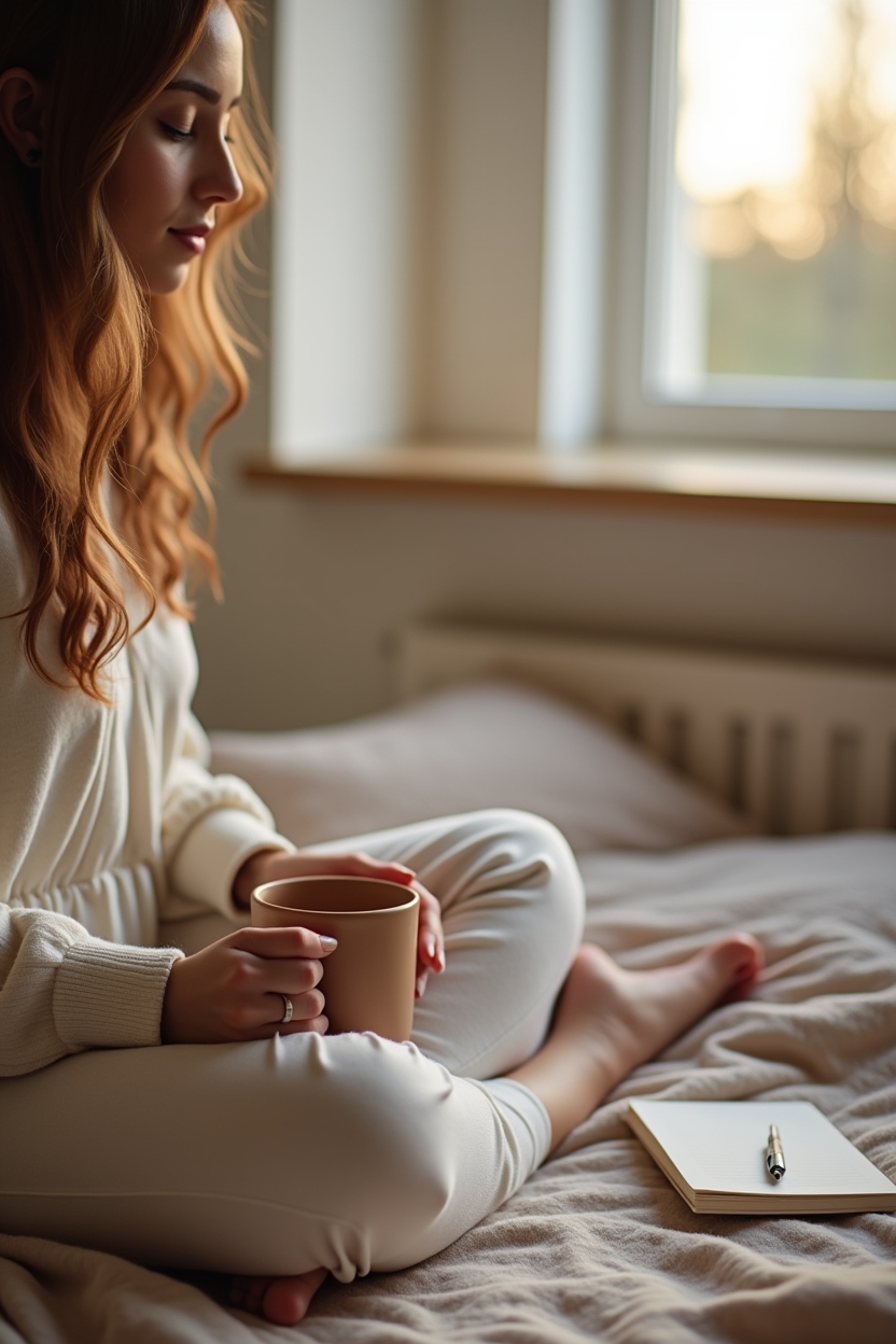 how to improve sleep with sciatic nerve stretches — small lined notebook — A short 10–15 minute nightly routine scene: a person seated cross-legged on a low blanket by a window, holding a warm mug and a small notebook ready to log sleep notes.