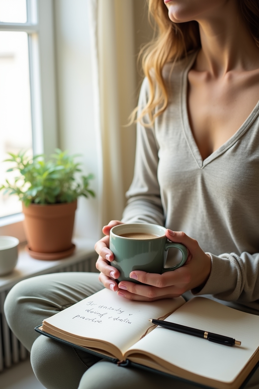 how to improve sleep with glutes stretches — a warm ceramic mug with visible steam — A quiet morning window-seat moment: a person journaling while holding a warm mug, preparing to choose evening vs daytime practice