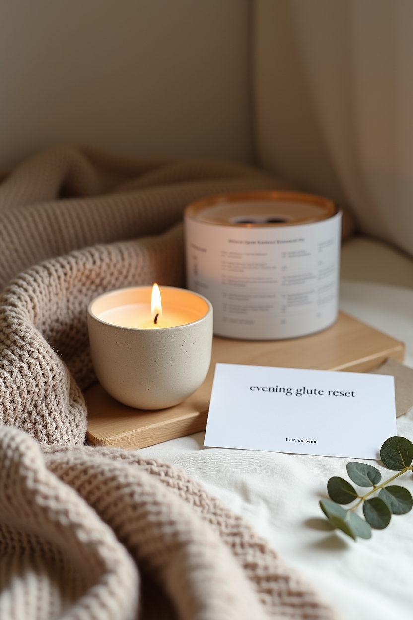 how to improve sleep with glutes stretches — a single lit soy candle in a ceramic holder — A cozy bedroom corner still-life showing nervous-system downshift tools for evening: candle, blanket, and an open guide card about sleep-friendly stretches