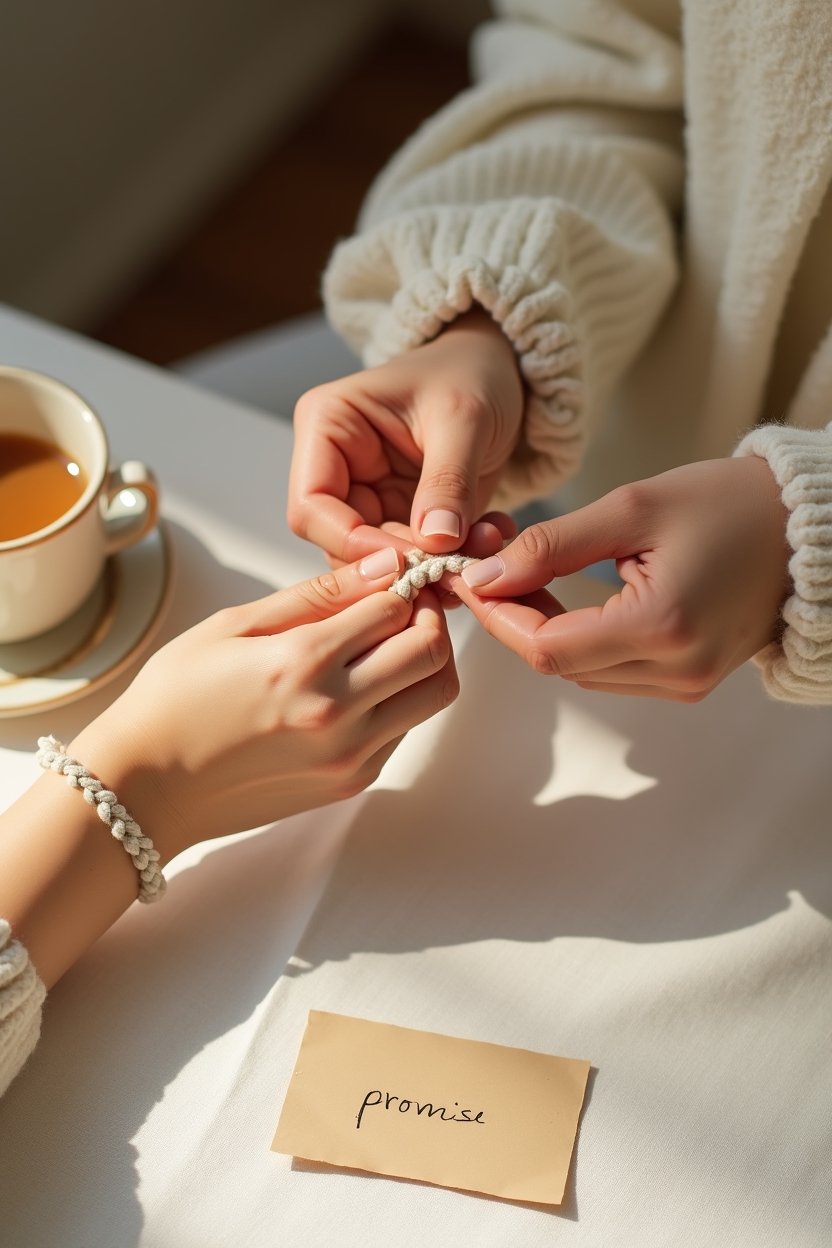 midheaven in gemini for love — simple braided cord bracelet — Close, tactile shot of hands demonstrating a simple ritual: tying a thin cord bracelet as a promise gesture to illustrate expressing commitment with a Gemini MC.