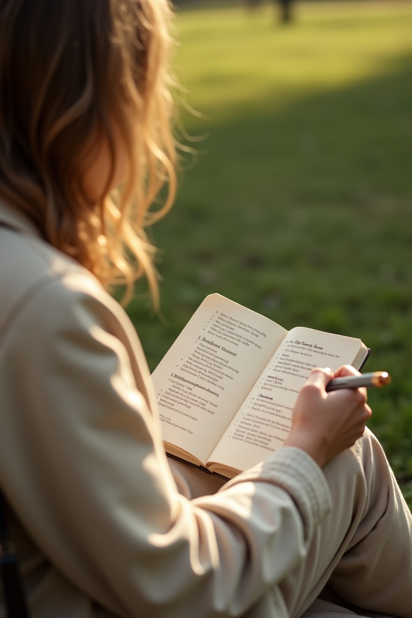 midheaven in gemini for love — open notebook with a pen resting on a page of bullet notes — A candid lifestyle portrait of someone mid-conversation on a park bench, illustrating Gemini Midheaven's strengths and shadow sides in public life.