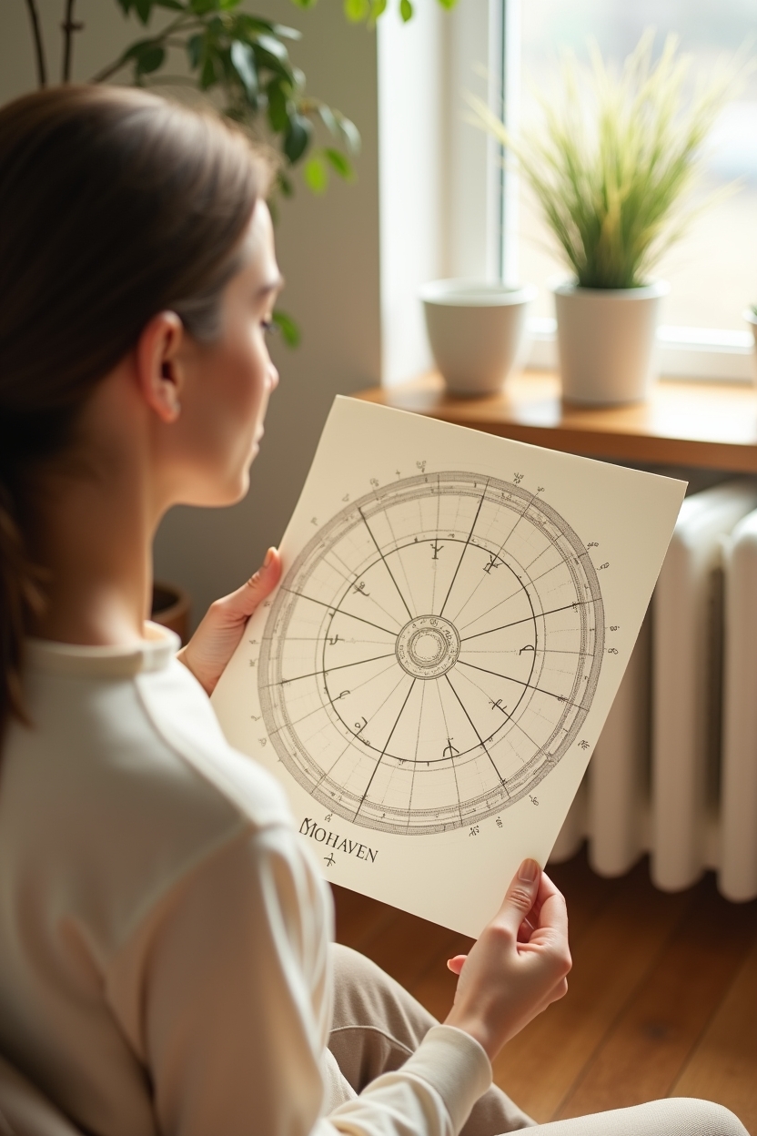 midheaven in gemini for love — printed natal chart wheel on cream paper — A calm studio portrait of a person thoughtfully holding an open birth-chart wheel while seated by a window, introducing what the Midheaven represents.