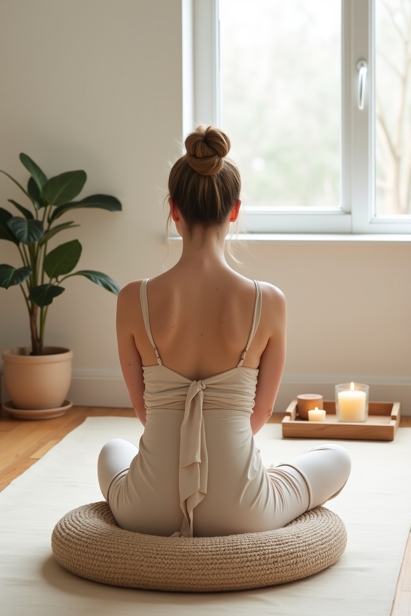 jupiter in scorpio for life purpose — neutral woven meditation cushion — A calm studio scene showing an embodiment practice: a single person in a seated cross-legged meditation on a neutral yoga mat, hands resting closed in lap, eyes lowered.