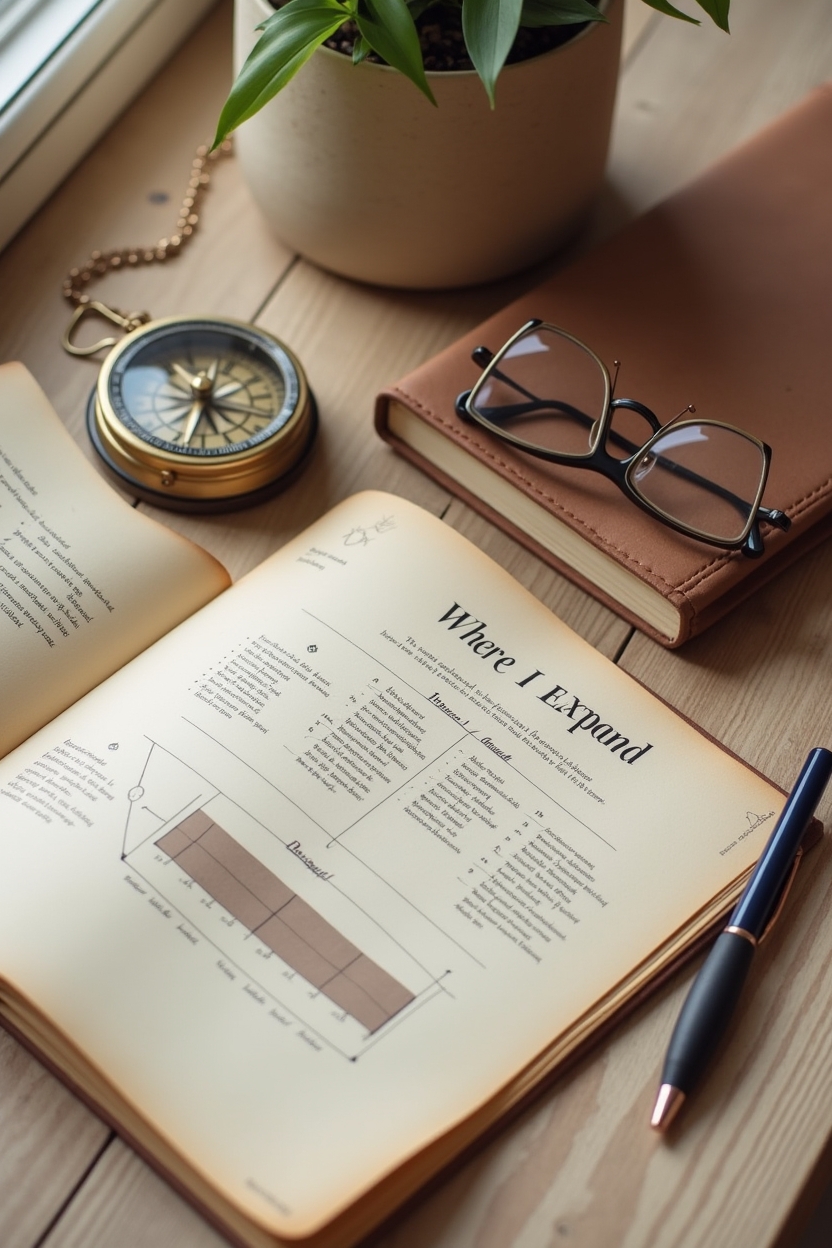 jupiter in scorpio for life purpose — antique brass compass — An editorial flat-lay of objects mapping where expansion feels potent: a compass, a leather-bound journal, a pair of reading glasses, and a small bar-style birth-chart print arranged on a wood table.