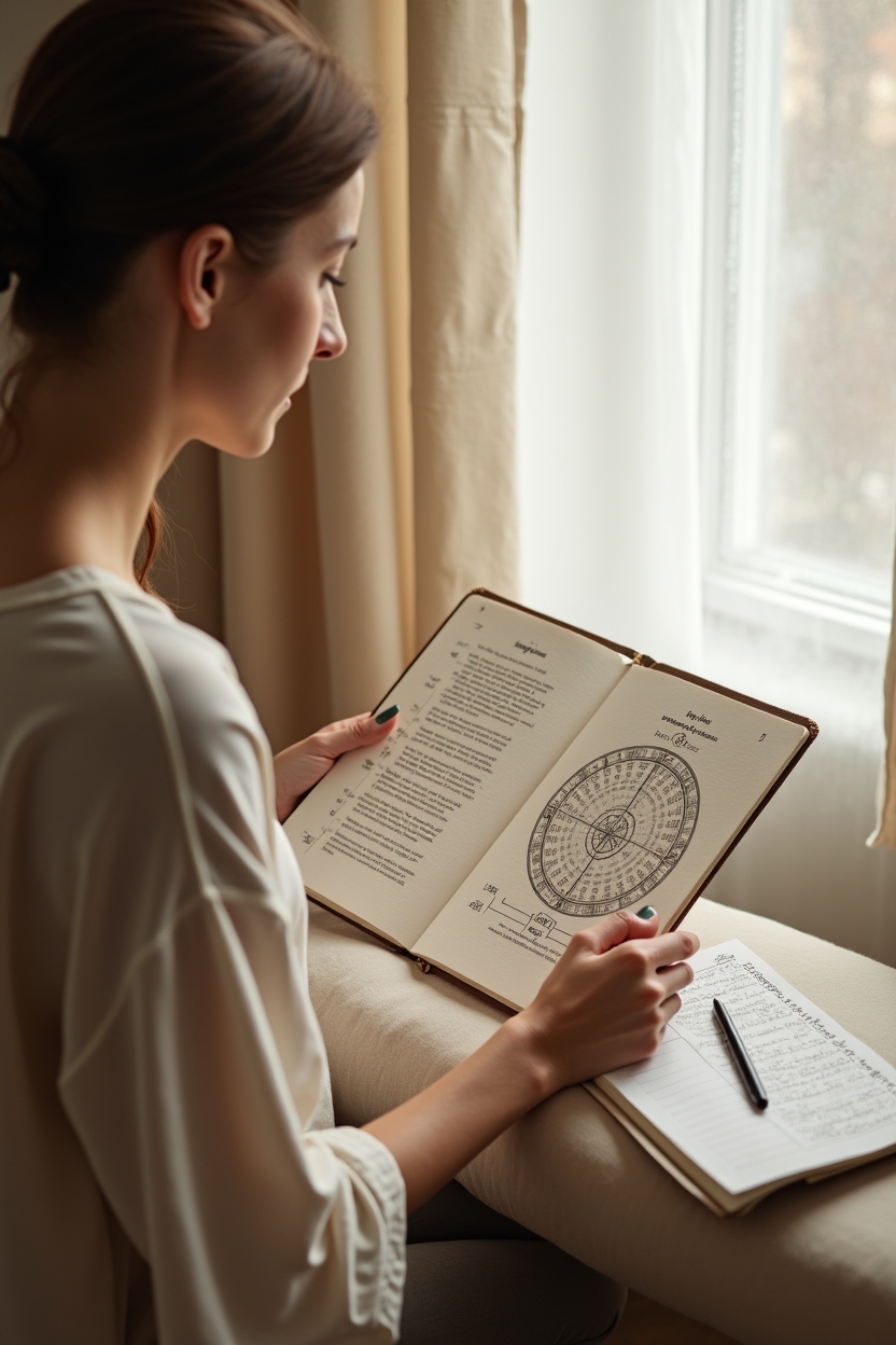 jupiter in scorpio for life purpose — printed natal chart wheel on textured paper — A contemplative person seated by a bright window studying a printed natal chart and jotting notes — quiet moment showing astrology informing life purpose.