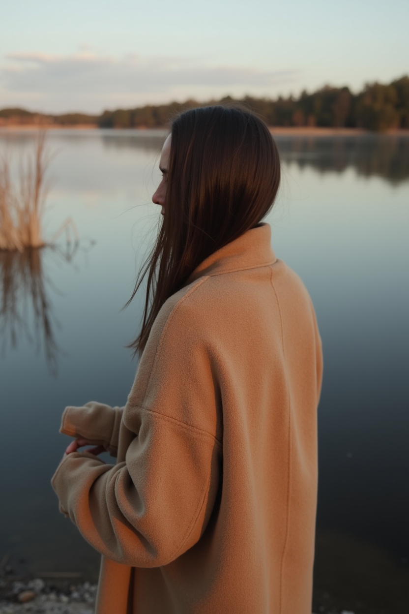 jupiter in scorpio for life purpose — folded wool coat draped over the person's arm — A moody, cinematic portrait from behind of a person standing at the edge of a small lake at dusk, looking into still water — visual for Scorpio’s emotional depth and inward focus.