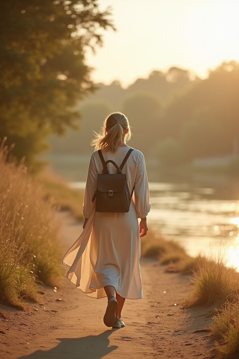 morning routine for a calm mind — a lightweight linen scarf tied to a small backpack — A solitary mindful walking moment on a riverside path at golden hour, from-behind composition