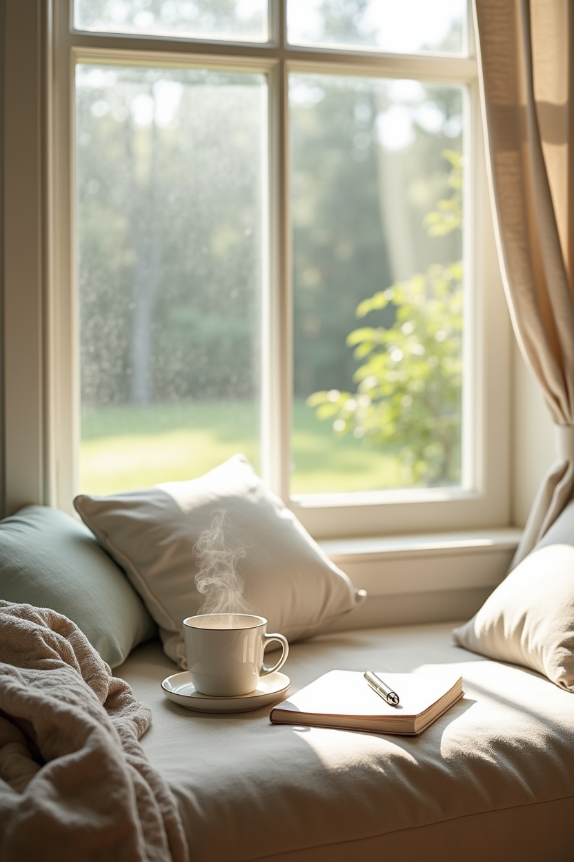 morning routine for a calm mind — a ceramic mug with steam rising — A calm bedroom window seat at dawn with a folded blanket and a cup of tea, illustrating why a grounding morning matters