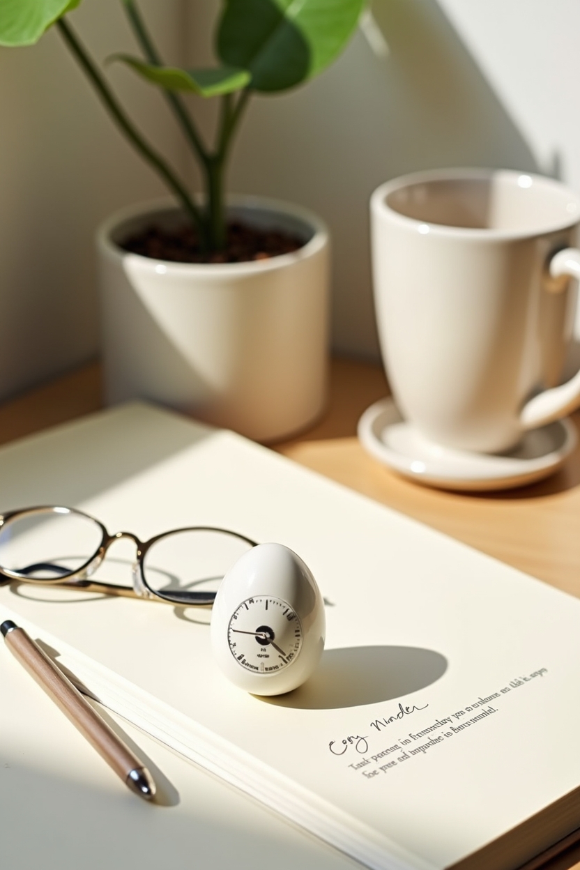 morning routine for a calm mind — a small analog egg timer on the desk — A tidy desk habit-cue vignette showing tools to make the routine sticky: planner, a small alarm egg timer, and a potted plant
