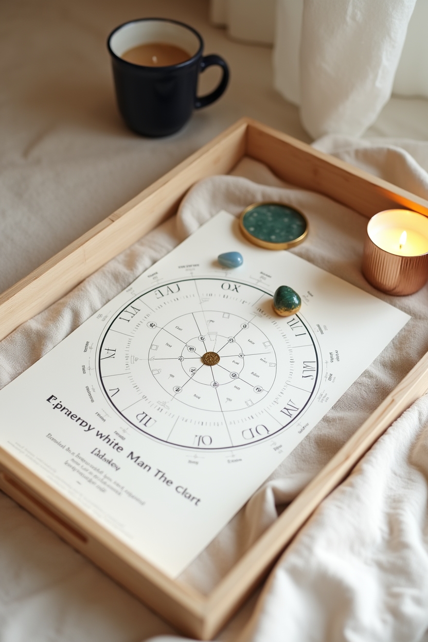 ascendant in aries for love — printed synastry wheel (paper chart) centered on the table — Astrology flat-lay: three elemental tokens arranged around a printed synastry wheel to illustrate who amplifies or soothes Aries energy.