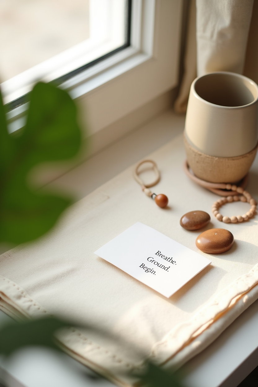 ascendant in aries for love — folded mantra card with three printed lines (visible but concise) — Morning grounding ritual still-life: a small ritual kit arranged by a sunlit bedroom window — grounding stones, a short written mantra card, and a breath-counting bead loop.