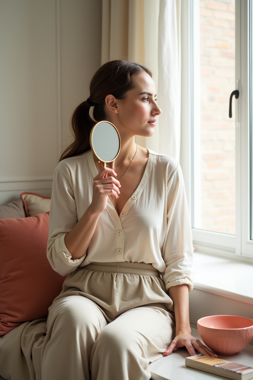 ascendant in aries for love — handheld brass mirror — A calm editorial portrait of a woman turned slightly away, checking her reflection in a small handheld mirror to convey personal social style and first-date energy.