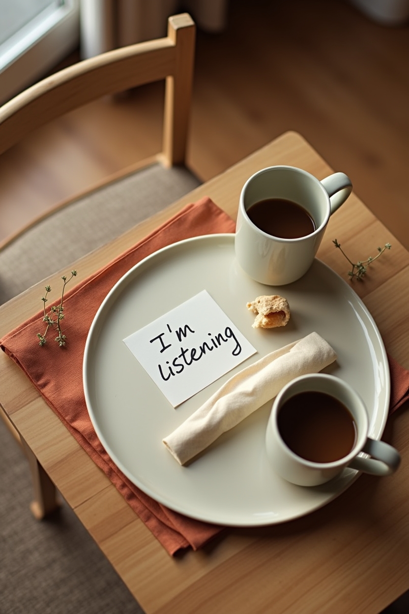 ascendant in aries for love — folded handwritten note reading 'I'm listening' (legible in shot but not a full letter) — Two-place setting at a small wooden table showing subtle signs of a recent repair conversation: one mug half-full, a folded apology note, and a shared plate with a small interrupted meal.