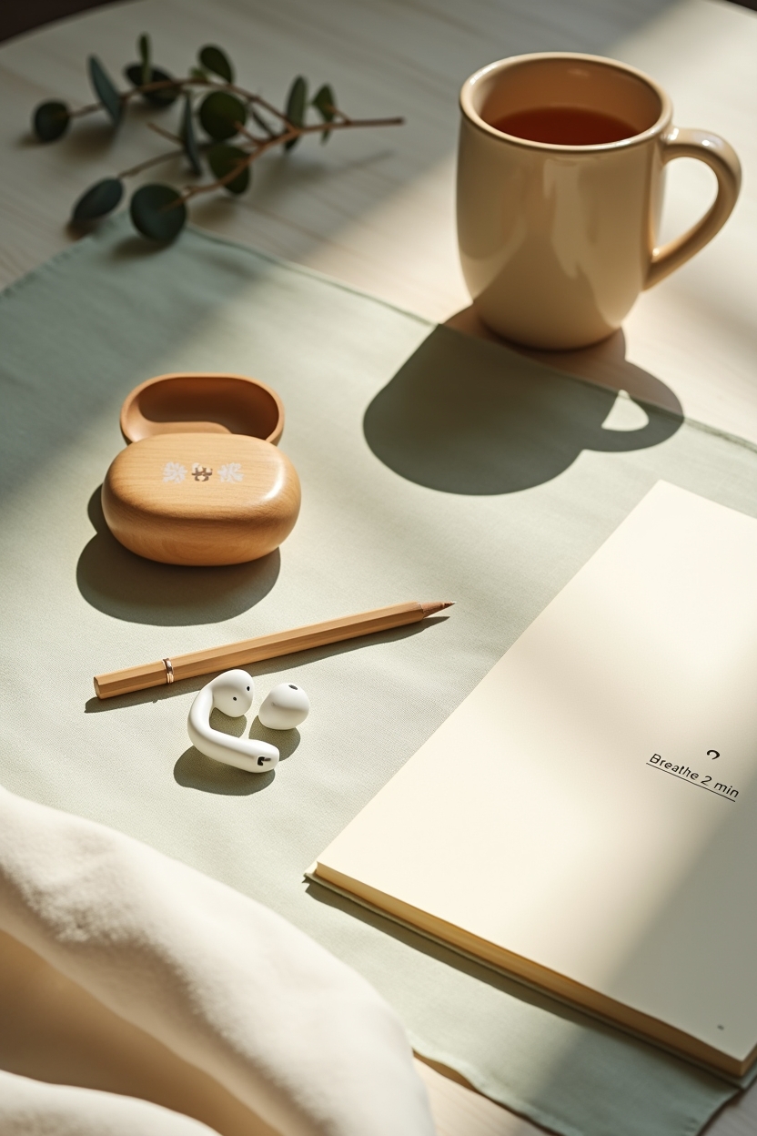 meditation myths debunked — a simple analog meditation timer (small wooden egg timer) — Flat-lay of approachable, secular starter tools for meditation options: timer, earbud, notepad.