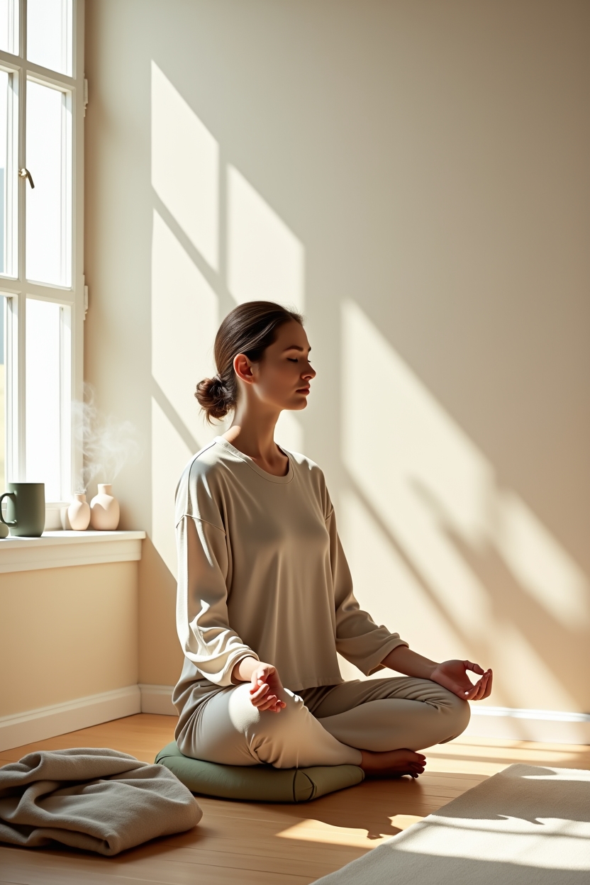 meditation myths debunked — a small ceramic meditation cushion — A woman doing a short seated breath awareness practice in a cozy window nook — demonstrating a brief, practical reframe.