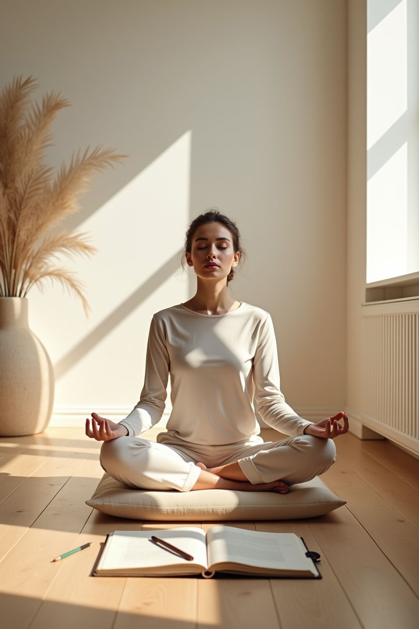 how to practice shadow work meditation for creative block — worn cotton meditation cushion — A creative person settling into a quiet seated meditation to notice tension before creating
