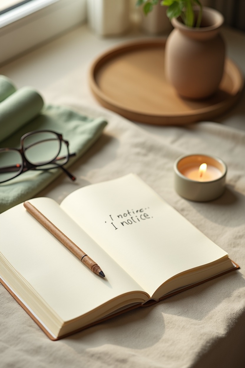 how to practice shadow work meditation for creative block — open journal with a visible handwritten line 'I notice…' — A compassionate witnessing moment: person journaling observations after a short witnessing meditation