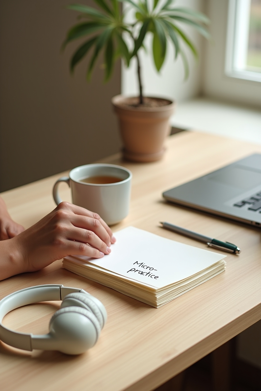 how to practice shadow work meditation for creative block — stacked index cards with one card titled 'Micro-practice' — Integrating insights: a creative workspace moment of using journaling prompts — a writer at a desk transferring meditation notes into a plan