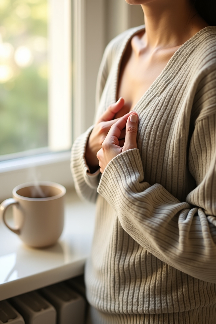 how to practice shadow work meditation for creative block — bare hand placed gently over the heart — A close, tactile moment of practicing a brief grounding and self-compassion exercise — breath and hand on heart