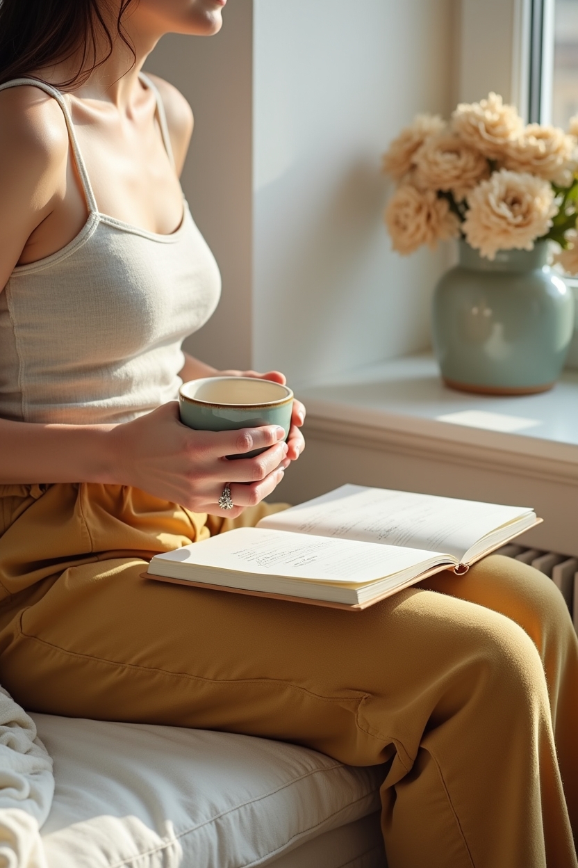 journal prompts for optimism for office workers — open journal on lap with visible short list — a person seated by a bright window journaling morning 'three small wins' with a warm beverage