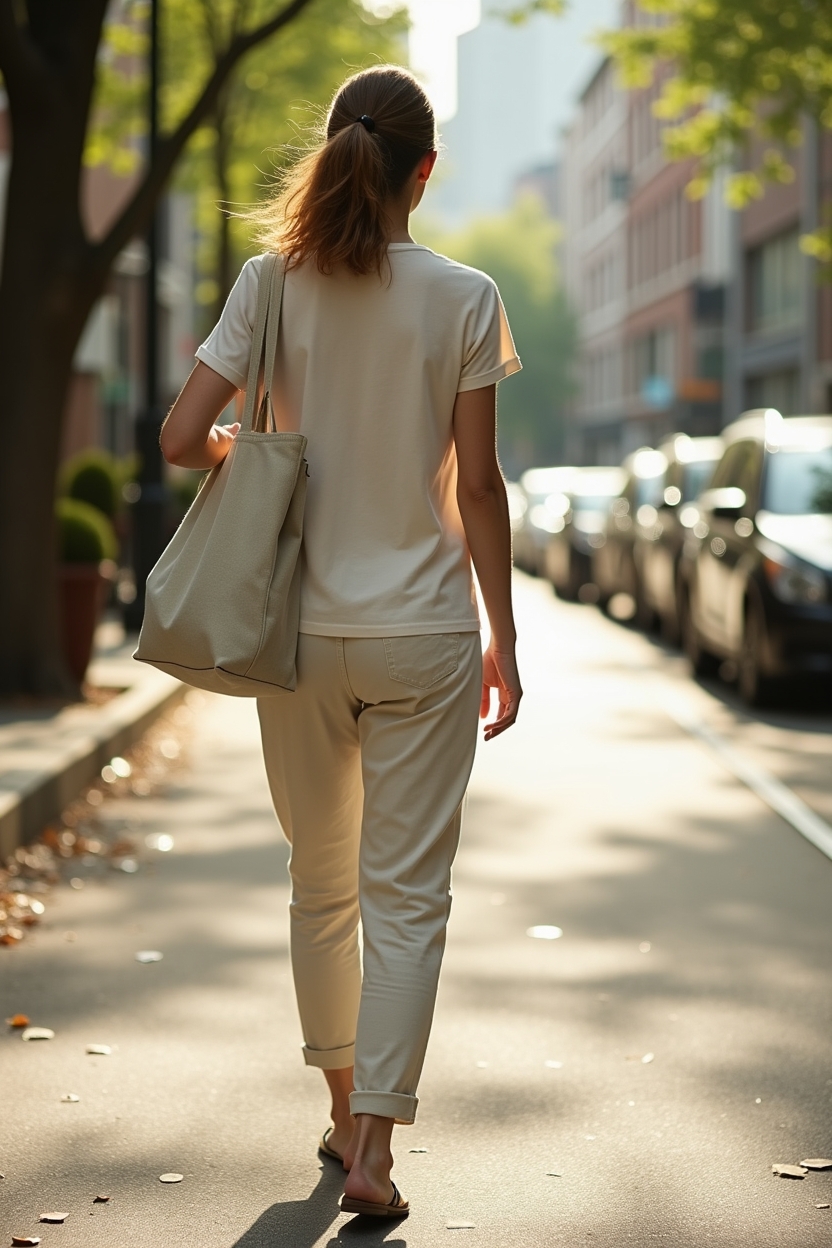 journal prompts for optimism for office workers — linen tote bag swung casually over one shoulder — a person walking away along a leafy urban lane, embodying 'small experiment' — trying a different commute or route